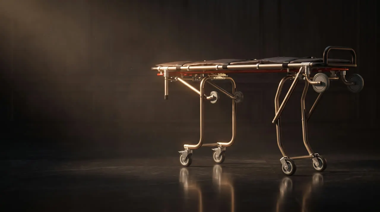 MC100A mortuary cot in champagne anodized aluminum standing in a dark showroom