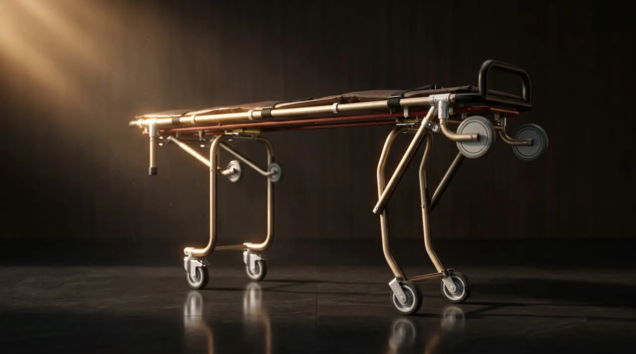 MC100A mortuary cot in champagne anodized aluminum, seen from its foot end in a dark showroom