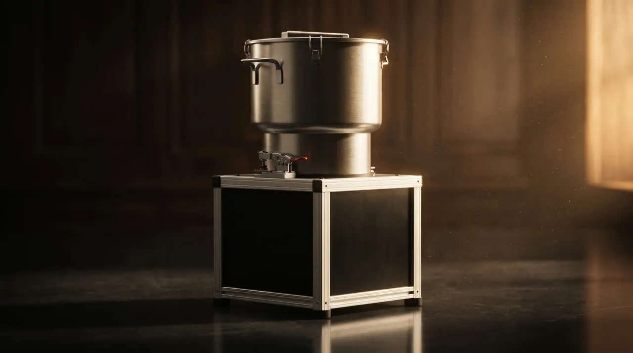 Premier remains processor with brushed stainless pot on its black cabinet base in a dark workshop