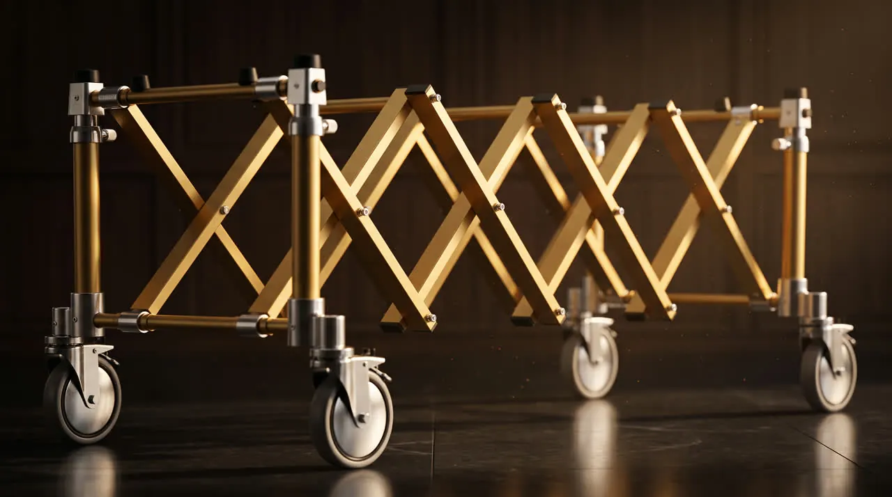 Gold scissor lattice of the A1G church truck filling the frame in warm amber light